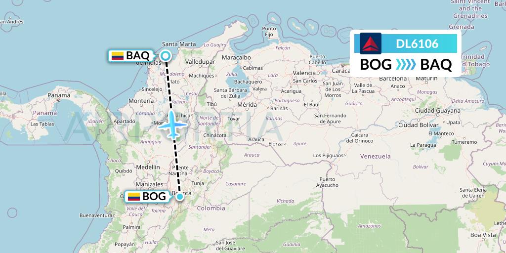 DL6106 Delta Air Lines Flight Map: Bogota to Barranquilla