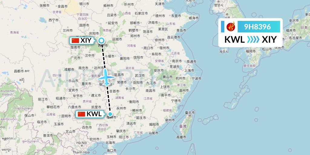 9H8396 Air Changan Flight Map: Guilin to Xi'an