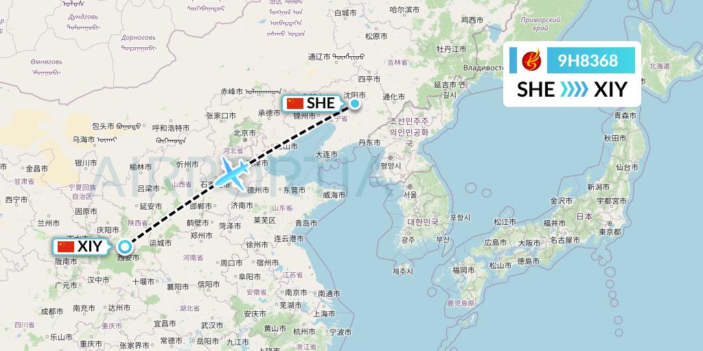 9H8368 Air Changan Flight Map: Shenyang to Xi'an