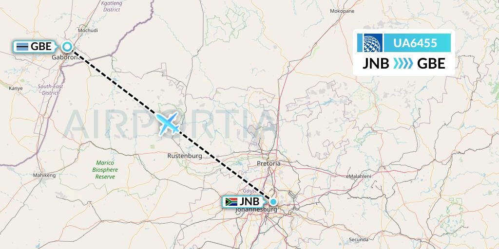UA6455 United Airlines Flight Map: Johannesburg to Gaborone