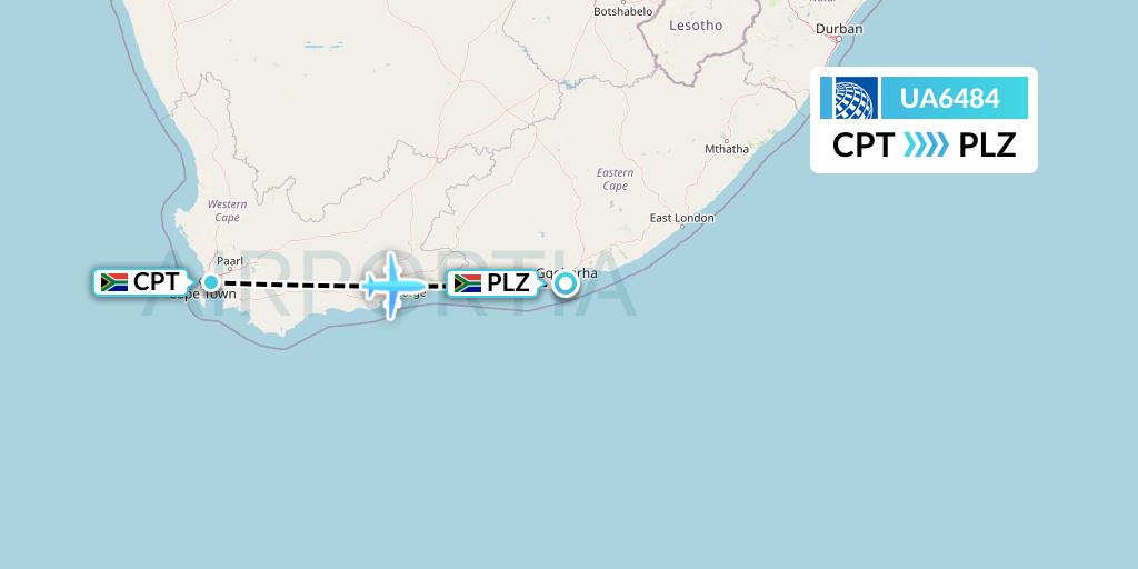 UA6484 United Airlines Flight Map: Cape Town to Port Elizabeth