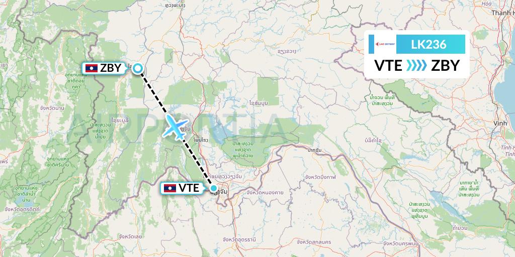 LK236 Lao Skyway Flight Map: Vientiane to Sayaboury