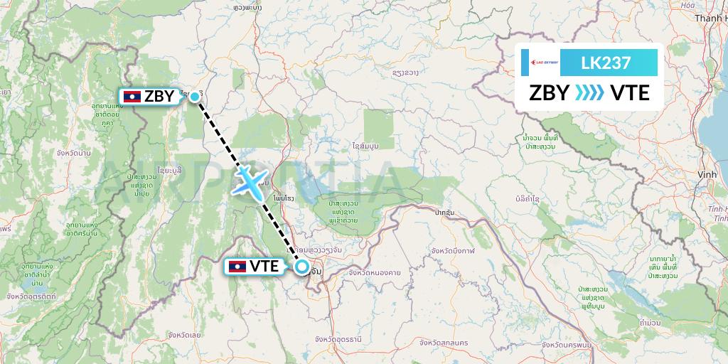 LK237 Lao Skyway Flight Map: Sayaboury to Vientiane