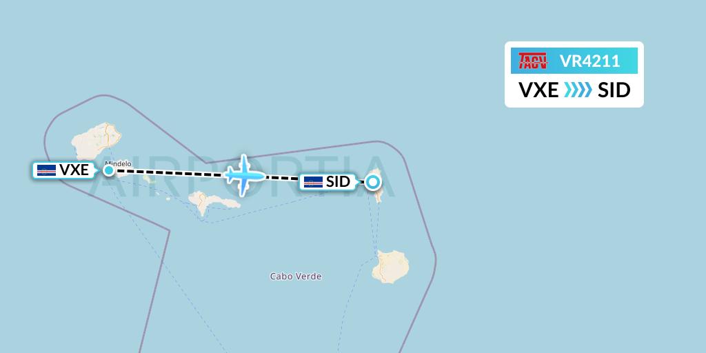 VR4211 TACV Cape Verde Airlines Flight Map: Sao Vicente to Espargos