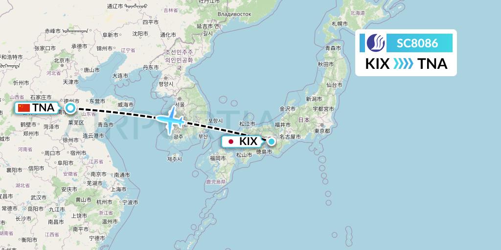 SC8086 Shandong Airlines Flight Map: Osaka to Jinan