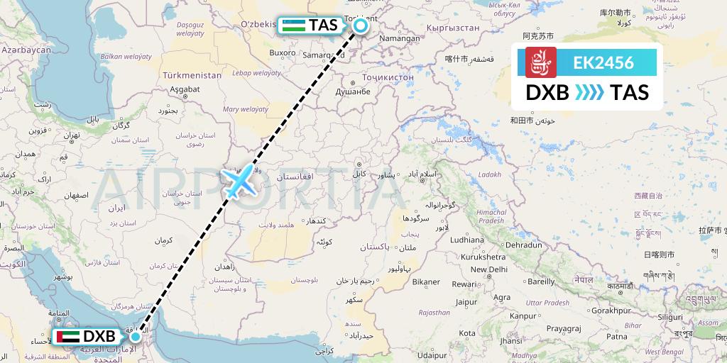EK2456 Emirates Flight Map: Dubai to Tashkent