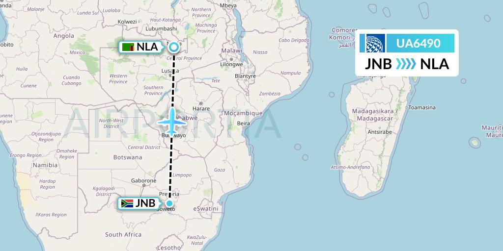 UA6490 United Airlines Flight Map: Johannesburg to Ndola