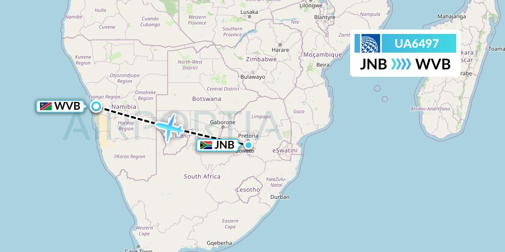UA6497 United Airlines Flight Map: Johannesburg to Walvis Bay