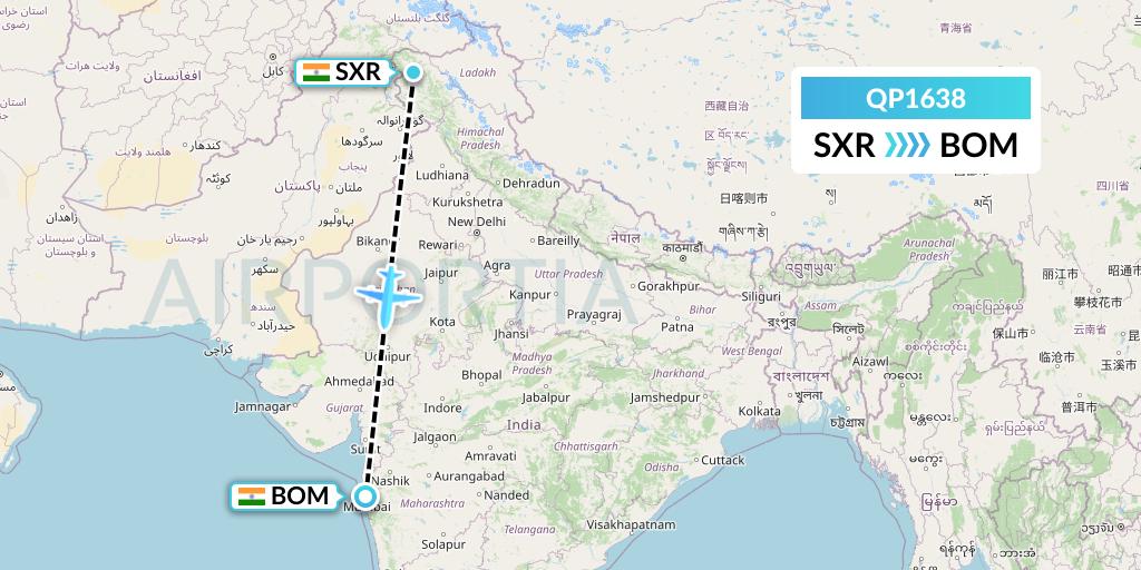 QP1638 Akasa Air Flight Map: Srinagar to Mumbai