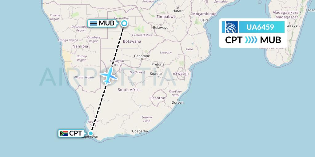 UA6459 United Airlines Flight Map: Cape Town to Maun