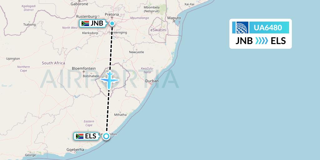 UA6480 United Airlines Flight Map: Johannesburg to East London