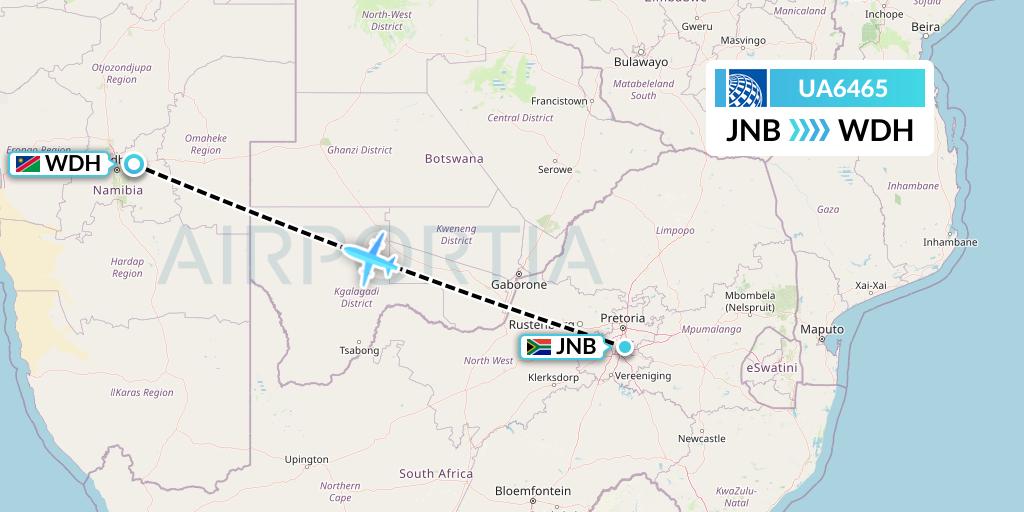 UA6465 United Airlines Flight Map: Johannesburg to Windhoek
