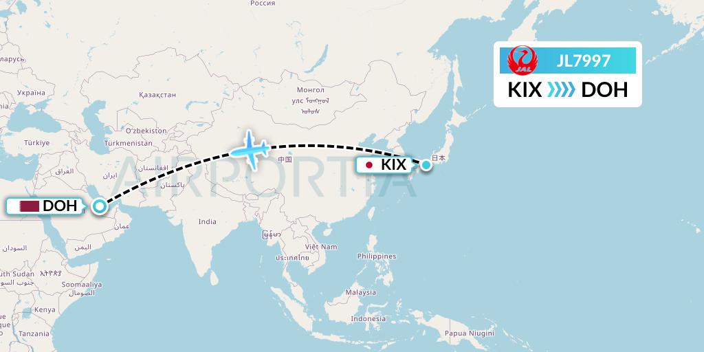 JL7997 Japan Airlines Flight Map: Osaka to Doha
