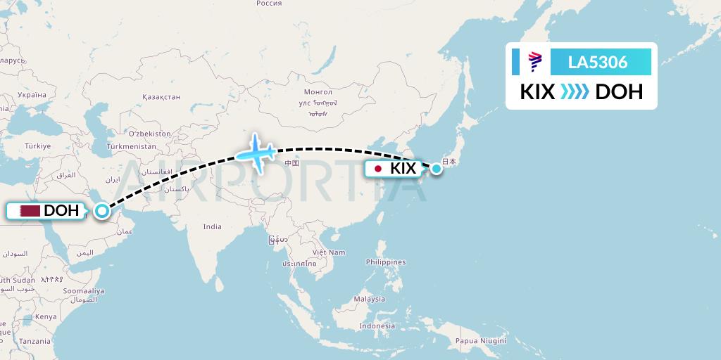 LA5306 LAN Airlines Flight Map: Osaka to Doha