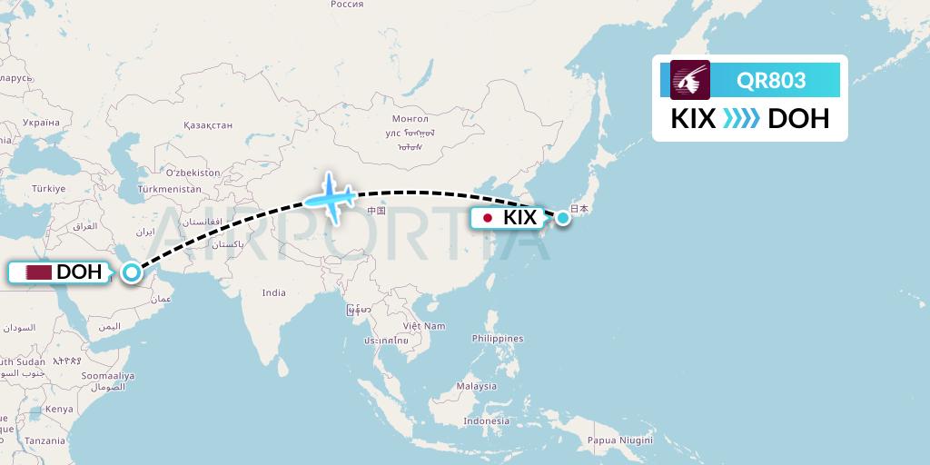 QR803 Qatar Airways Flight Map: Osaka to Doha