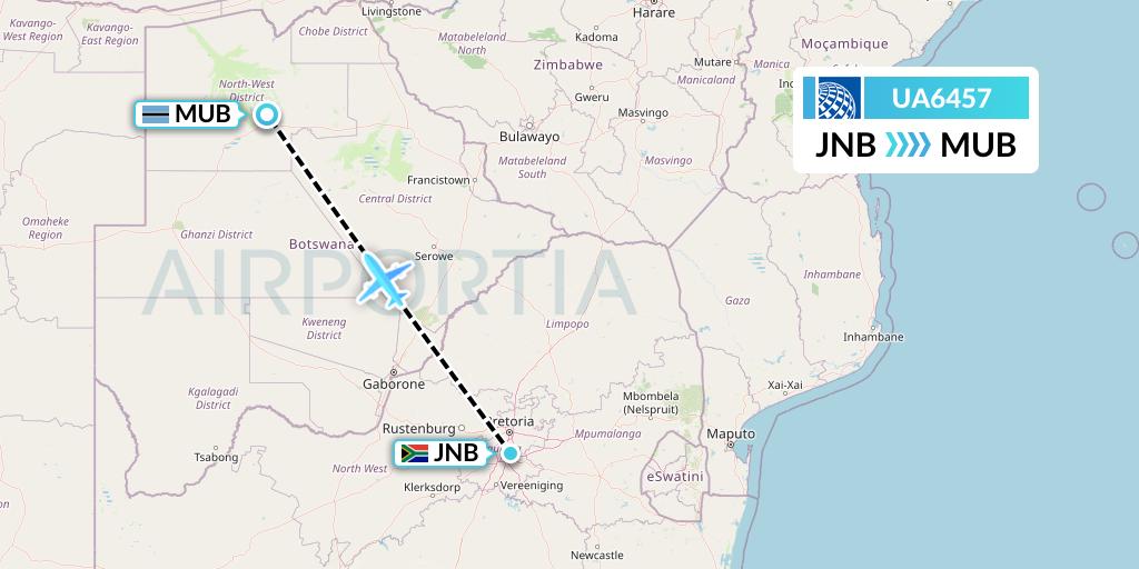 UA6457 United Airlines Flight Map: Johannesburg to Maun
