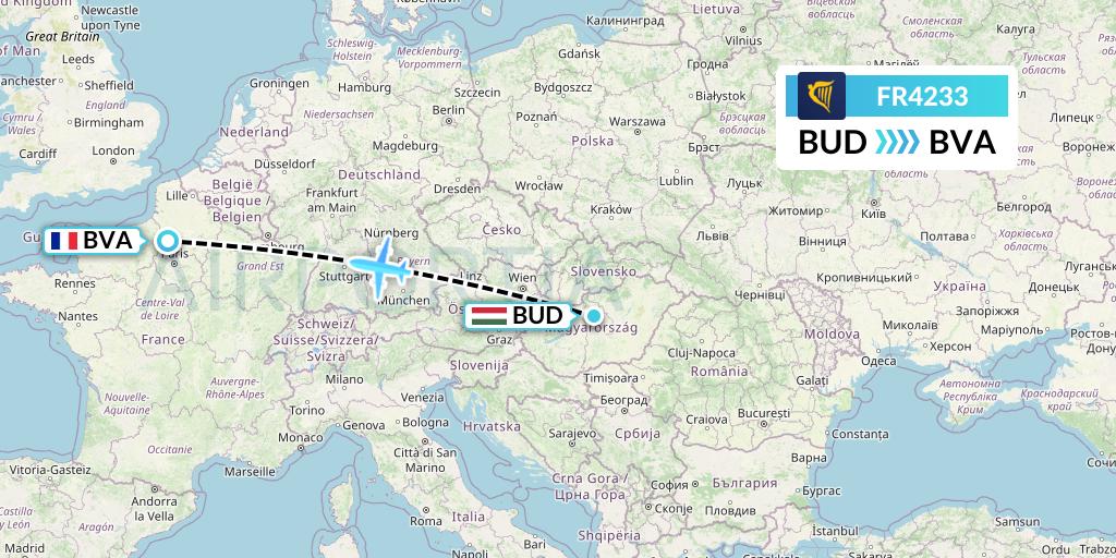 FR4233 Ryanair Flight Map: Budapest to Paris
