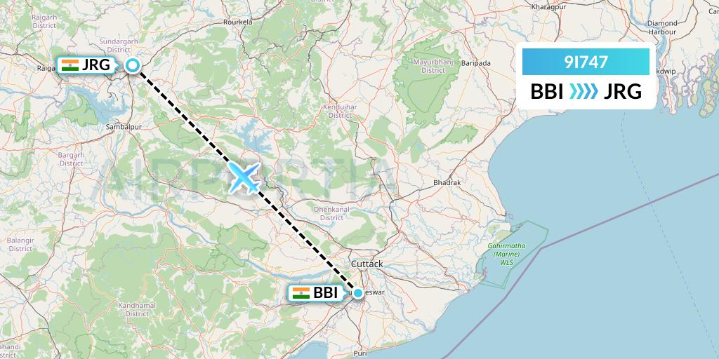 9I747 Air India Regional Flight Map: Bhubaneswar to Ranchi
