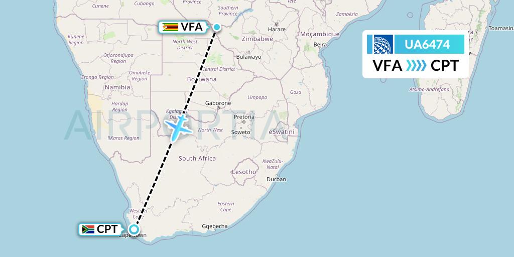 UA6474 United Airlines Flight Map: Victoria Falls to Cape Town