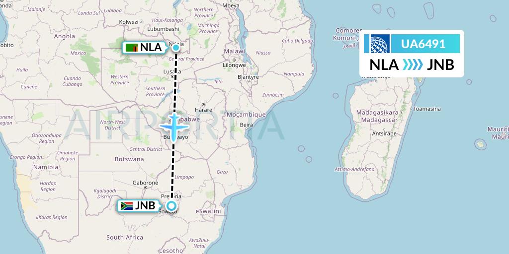 UA6491 United Airlines Flight Map: Ndola to Johannesburg