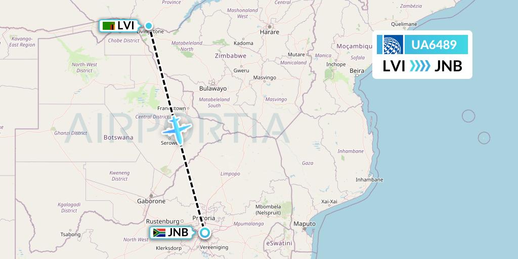 UA6489 United Airlines Flight Map: Livingstone to Johannesburg