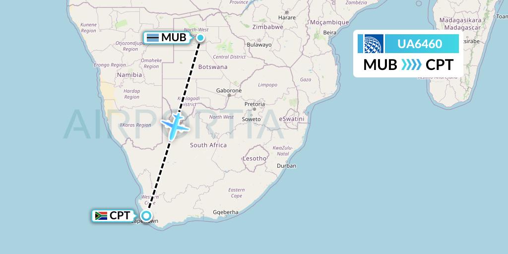 UA6460 United Airlines Flight Map: Maun to Cape Town
