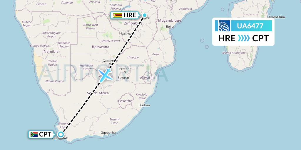 UA6477 United Airlines Flight Map: Harare to Cape Town