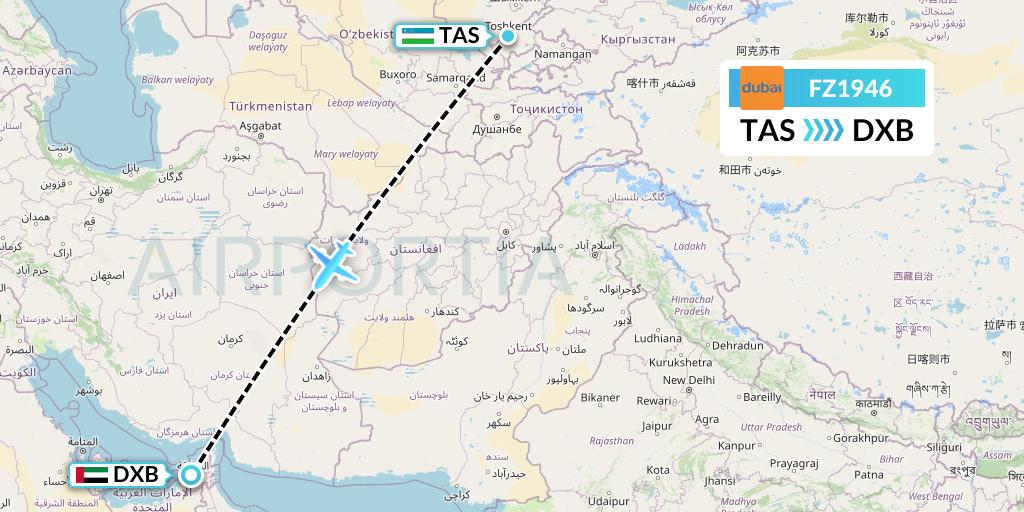 FZ1946 FlyDubai Flight Map: Tashkent to Dubai