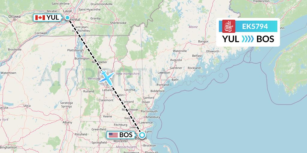 EK5794 Emirates Flight Map: Montreal to Boston