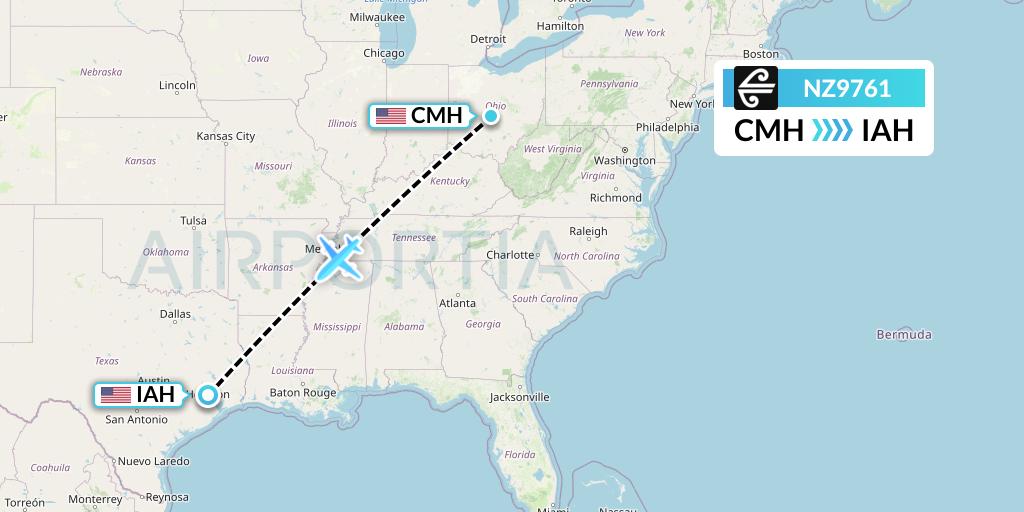 NZ9761 Air New Zealand Flight Map: Columbus to Houston