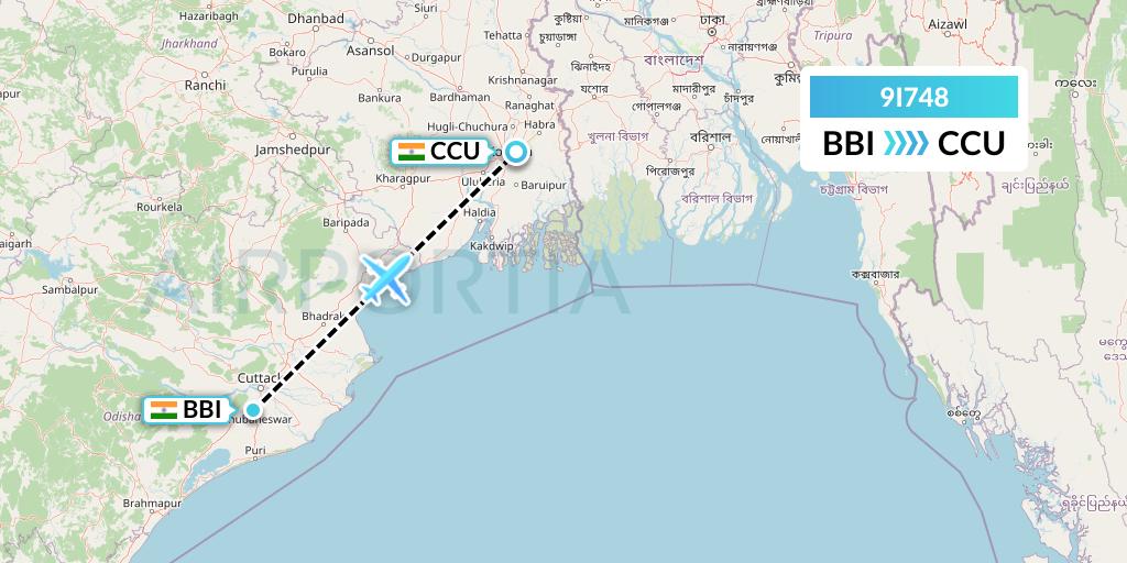 9I748 Air India Regional Flight Map: Bhubaneswar to Kolkata