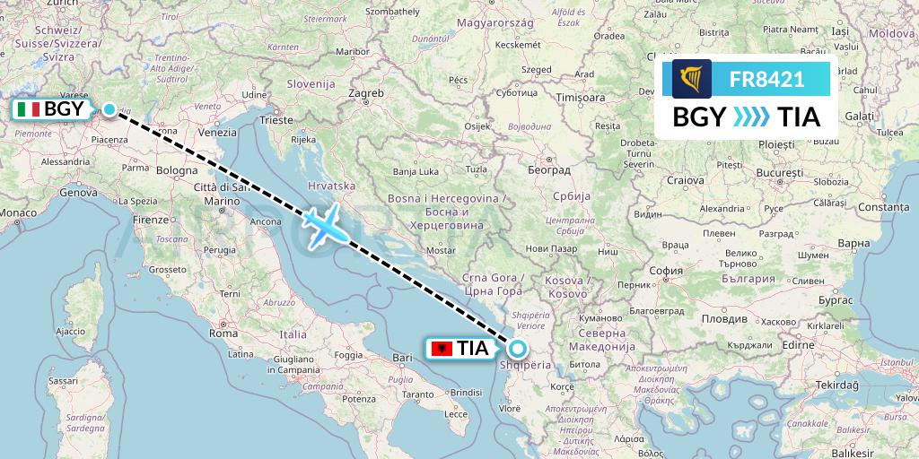 FR8421 Ryanair Flight Map: Milan to Tirana