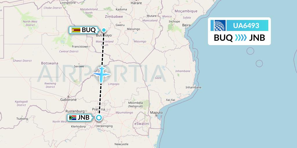 UA6493 United Airlines Flight Map: Bulawayo to Johannesburg