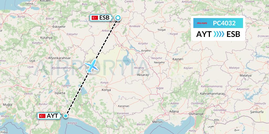 PC4032 Pegasus Airlines Flight Map: Antalya to Ankara