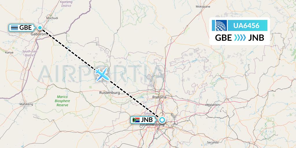 UA6456 United Airlines Flight Map: Gaborone to Johannesburg
