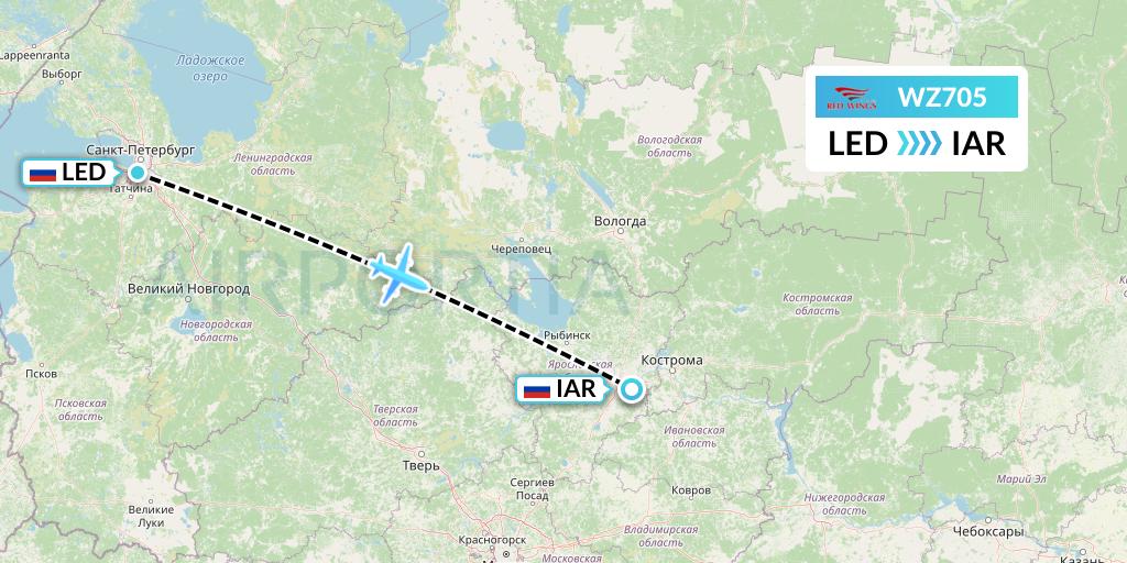 WZ705 Red Wings Flight Map: St. Petersburg to Yaroslavl