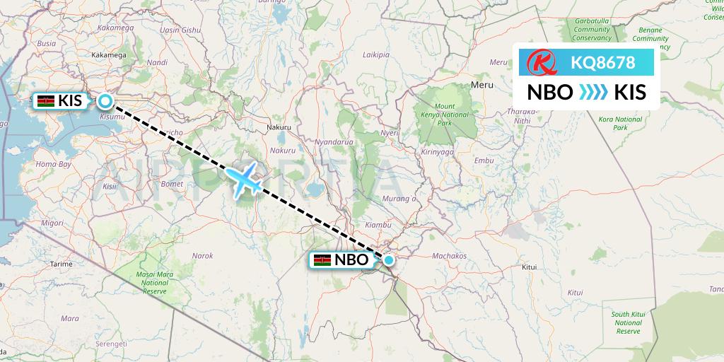 KQ8678 Kenya Airways Flight Map: Nairobi to Kisumu