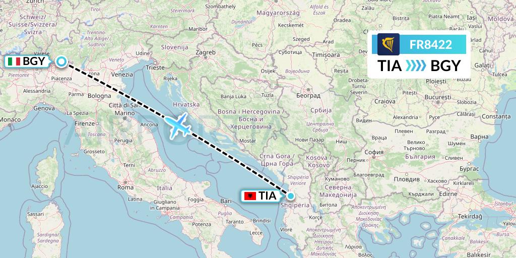 FR8422 Ryanair Flight Map: Tirana to Milan