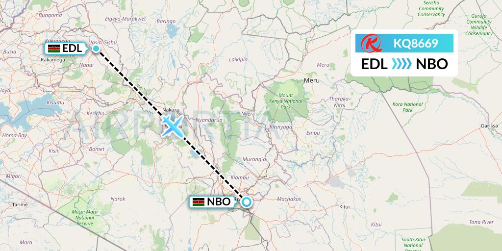 KQ8669 Kenya Airways Flight Map: Eldoret to Nairobi