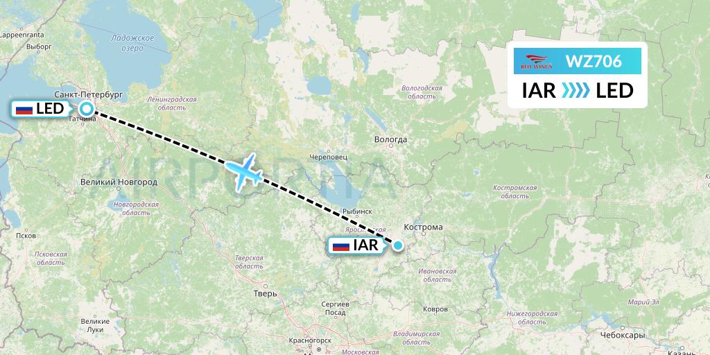 WZ706 Red Wings Flight Map: Yaroslavl to St. Petersburg