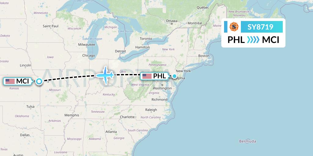 SY8719 Sun Country Airlines Flight Map: Philadelphia to Kansas City