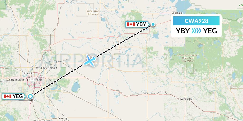 CWA928 Can West Corporate Air Charters Ltd. Flight Map: Bonnyville to Edmonton