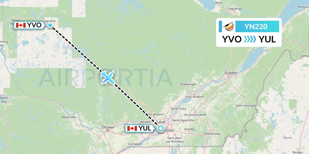 YN220 Air Creebec Flight Map: Val-d'Or to Montreal