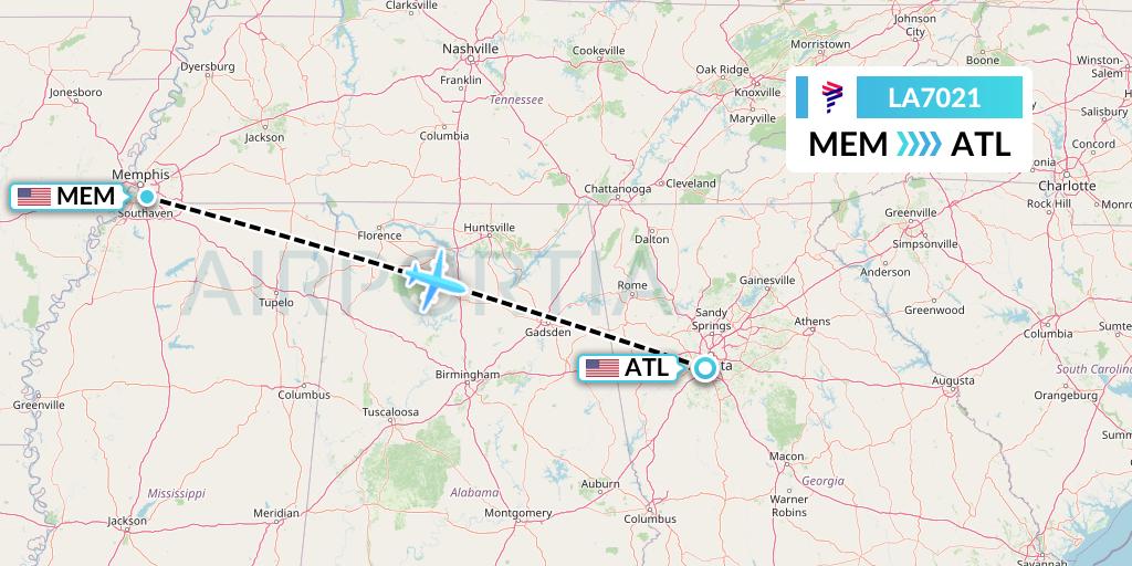 LA7021 LAN Airlines Flight Map: Memphis to Atlanta