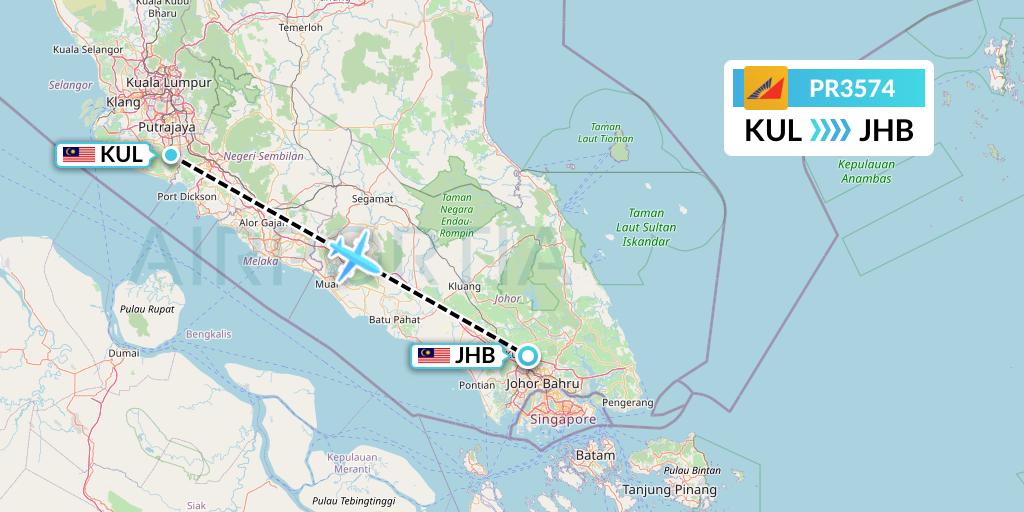 PR3574 Philippine Airlines Flight Map: Kuala Lumpur to Johor Bahru