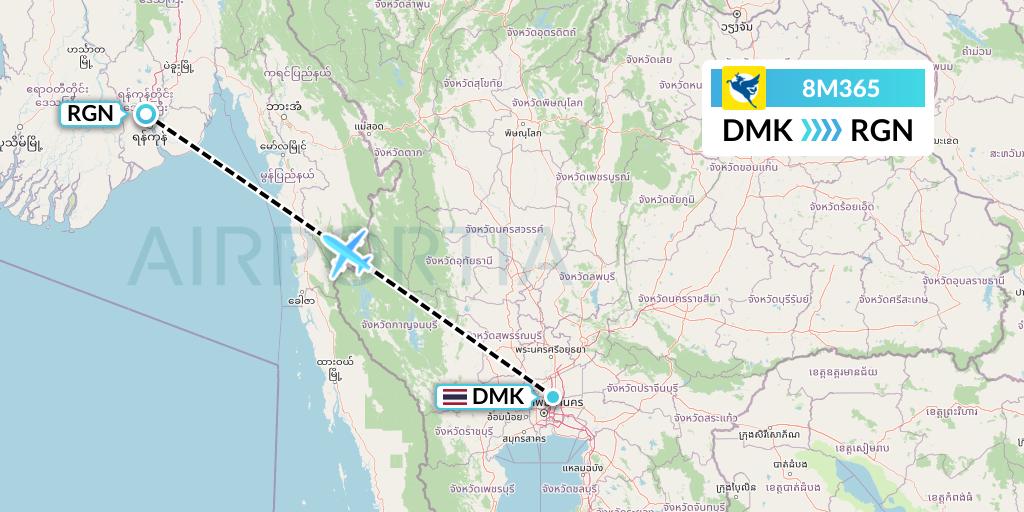 8M365 Myanmar Airways International Flight Map: Bangkok to Yangon
