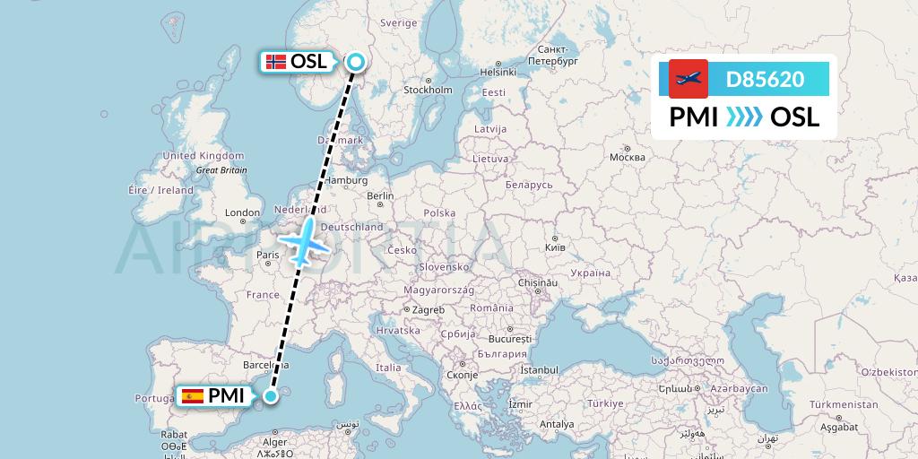 D85620 Norwegian Air International Flight Map: Palma de Mallorca to Oslo