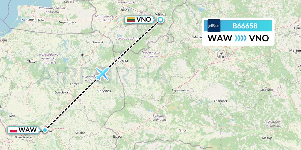 B66658 JetBlue Airways Flight Map: Warsaw to Vilnius