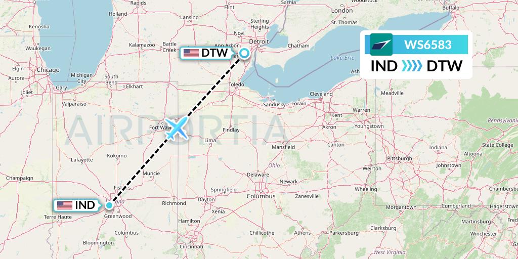 WS6583 WestJet Flight Map: Indianapolis to Detroit