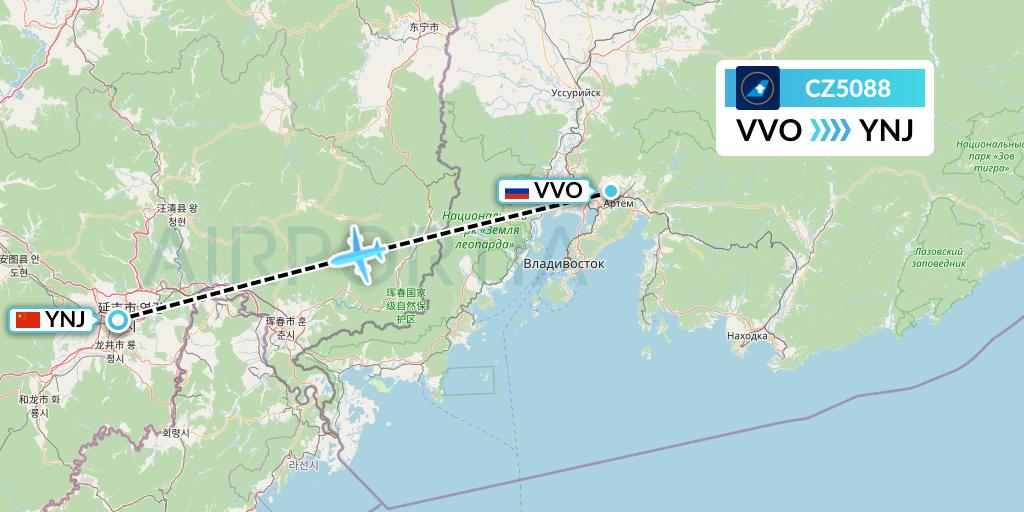 CZ5088 China Southern Airlines Flight Map: Vladivostok to Yanji